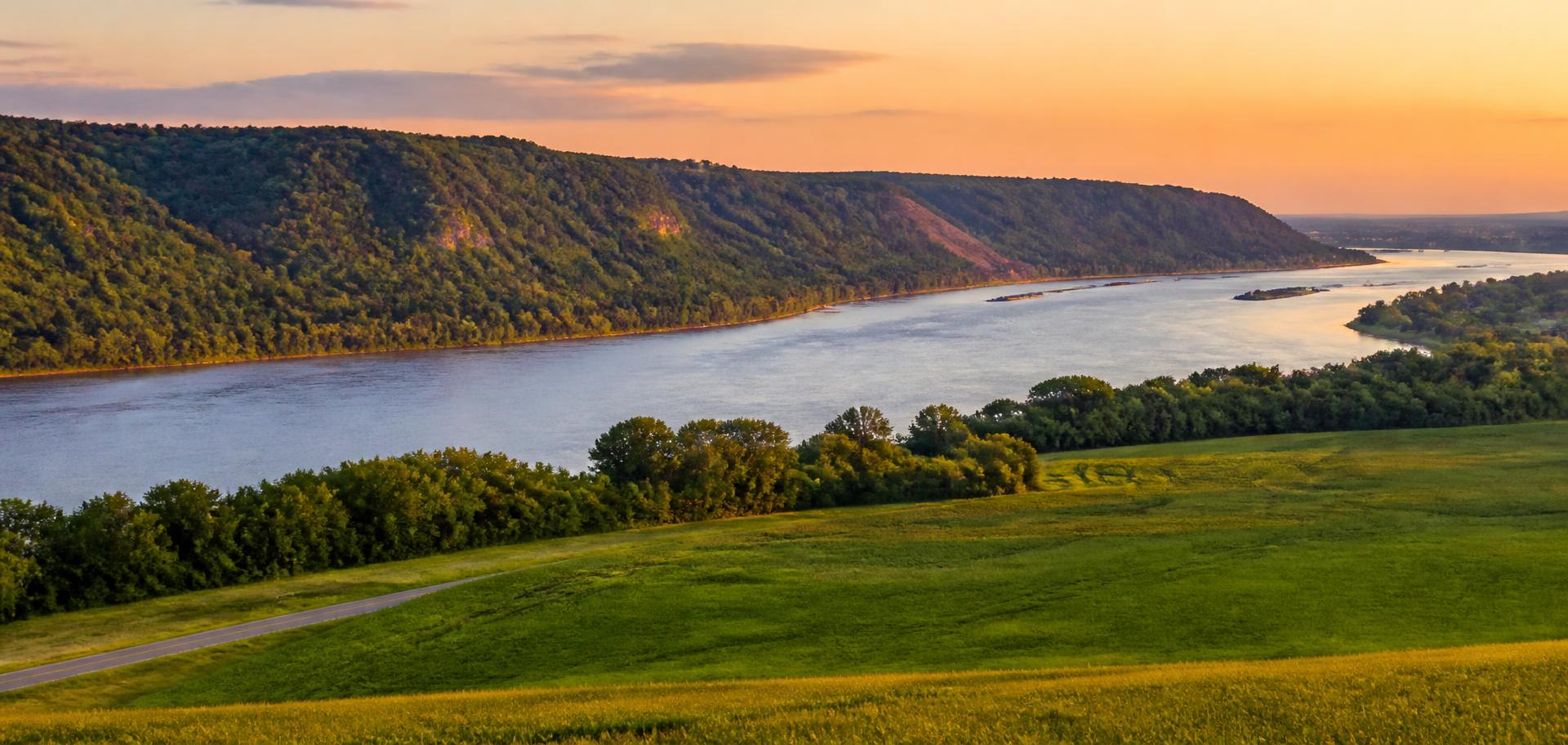 The Mississippi River valley bluffs near Red Wing at golden hour
